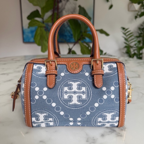 Tory Burch Handbags - Tory Burch Petite T Monogram Denim Barrel Crossbody Satchel Bag Blue Tan Leather